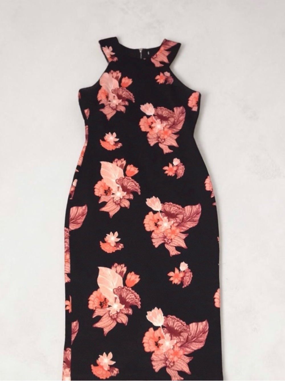 H&M Black Textured Structured Midi Dress with Pink Floral Print